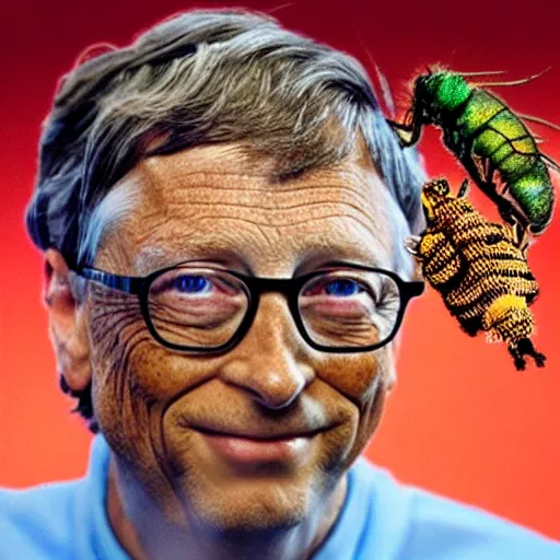 Image similar to a photo of Bill Gates with insects running all over his face, Bill Gates is in love with them