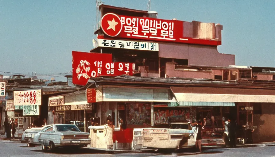 Image similar to 70s movie still of north korean restaurant, eastmancolor, heavy grain, high quality, higly detailed