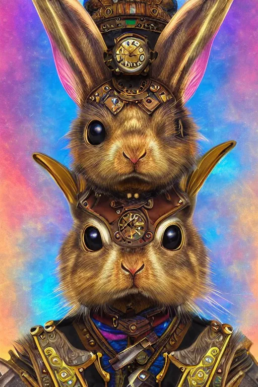 Prompt: ultra realist soft painting of a steampunk rabbit warrior, very intricate details, rainbow lighting, symmetry accurate features, fantasy background