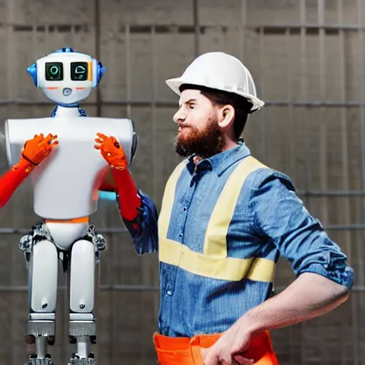 Image similar to man dressed in construction clothes next to him is a robot