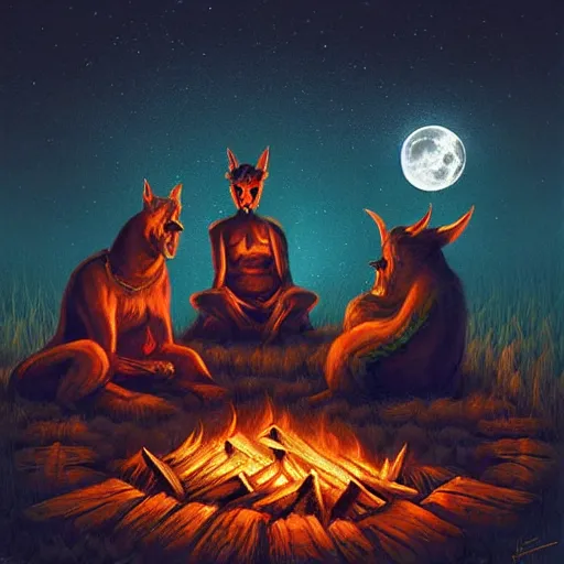 Image similar to strange mythical beasts of sitting around a fire under a full moon, surreal dark uncanny painting by ronny khalil