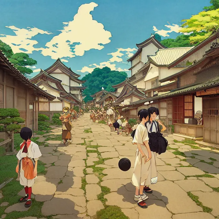 Image similar to japanese rural town, summer, in the style of studio ghibli, j. c. leyendecker, greg rutkowski, artem