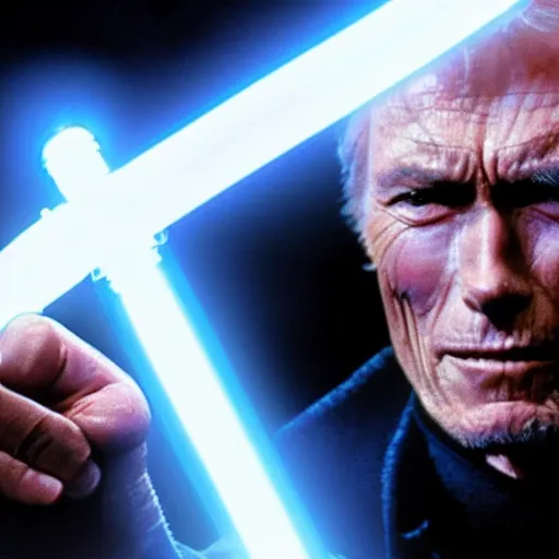 Image similar to clint eastwood holding blue lightsaber in star wars episode 3, 8k resolution, full HD, cinematic lighting, award winning, anatomically correct