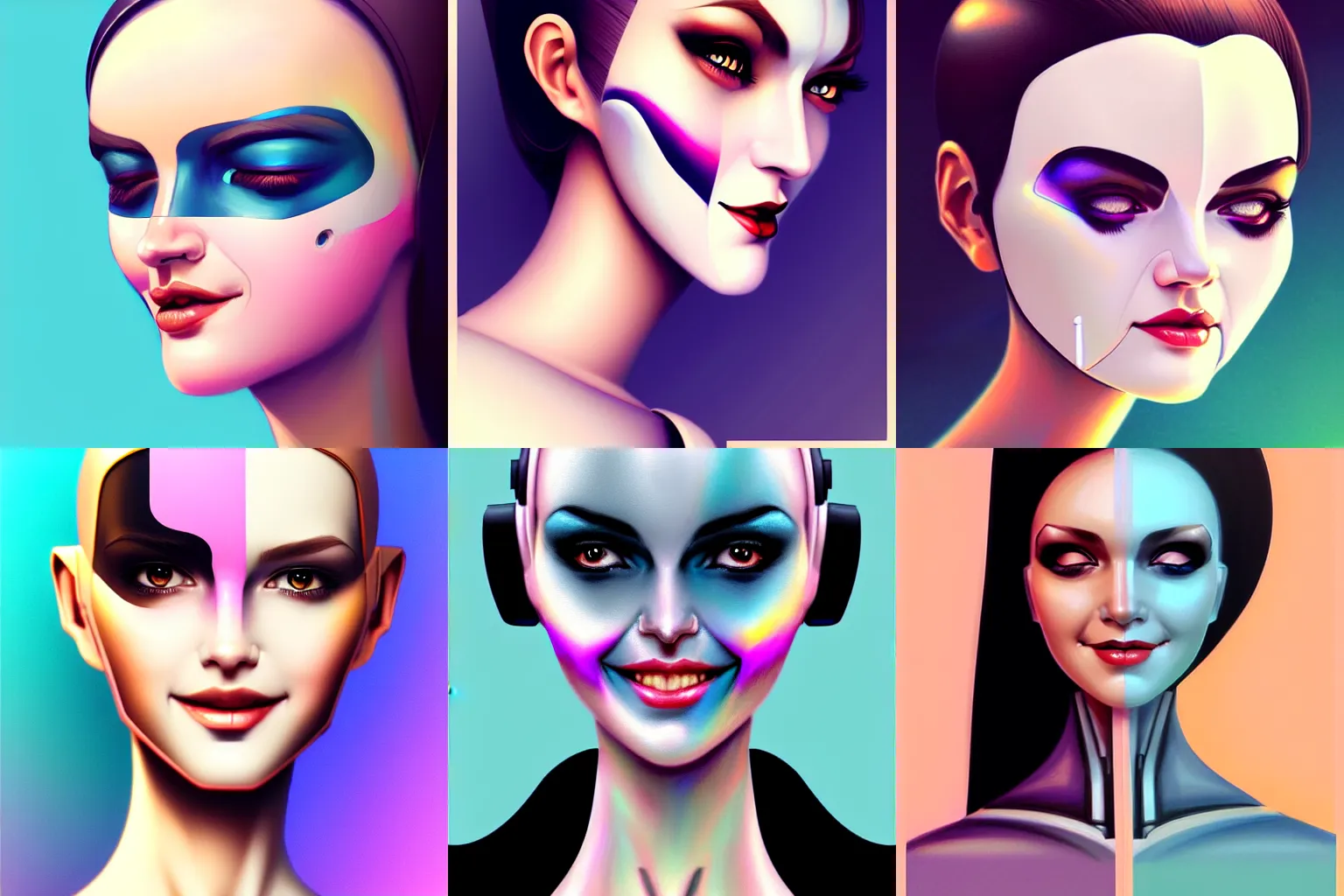 Prompt: android robot woman face painting, looking straight to camera, muted colors, matte print, pastel colors, ornate, digital art, cute smile, winning artwork, digital painting, professional art, elegant, by Ilya Kuvshinov, by artgerm