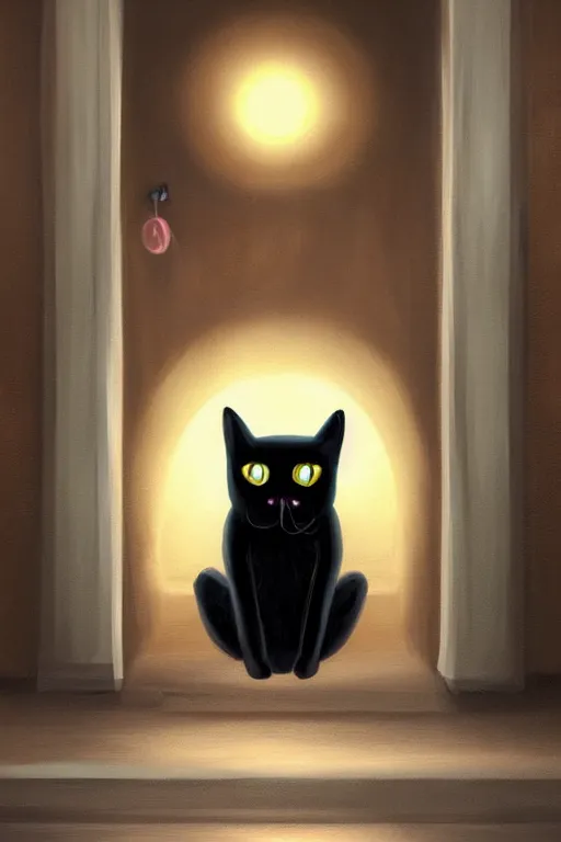 Image similar to evil black cat sitting next to a glowing doorway, by Anne Stokes, digital illustration, artstation, artstation hq, hd