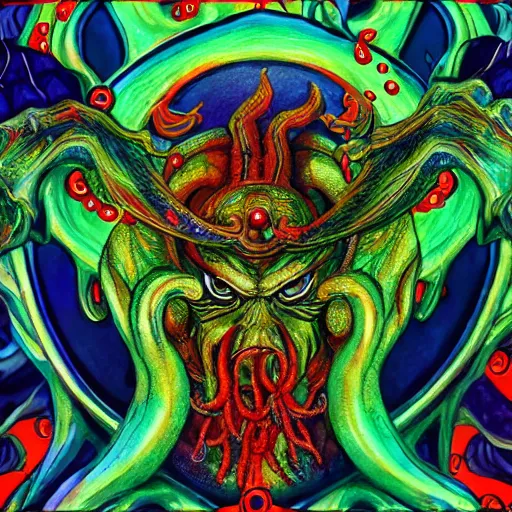 Prompt: 4 k colored headshot of godlike cthulhu with defined arms and open hands and bloody clothes with giant mandala wings, intricate face, flawless anime cel animation by kentaro miura, psychedelic, highly detailed upper body, professionally post - processed, beautiful, scary, symmetry accurate features, epic, octane rendered, anime masterpiece, accurate