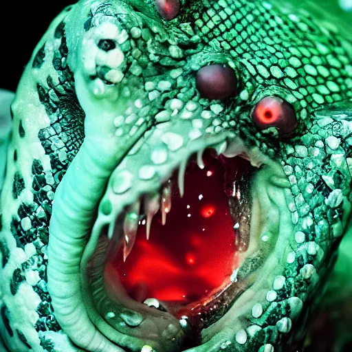 Prompt: slimy monster with long slimy textured tongue, dripping saliva, macro photo, fangs, red glowing veins, skin with snake scales, cinematic, tiny glowbugs flying everywhere, in a sewer, flying wasps, flashl 8 ght lighting, insanely detailed, dramatic lighting