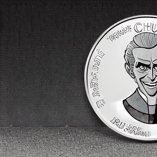 Image similar to a new coin design featuring a portrait of Count Chocula. shiny silvery mirror surface