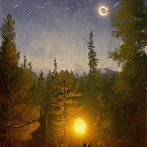 Prompt: medium shot, cinematic, the giant crescent Moon in the sky, above the night forest, soft lighting, oil on canvas, by Perov, by Levitan, masterpiece, trending on artstation, cinematic composition, beautiful lighting, sharp, details, hyper-detailed, HD