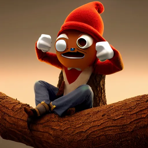 Prompt: anthropomorphic acorn criminal, sitting in a tree, photorealistic, 3 d model, unreal engine, octane render, ultra quality, eerie lighting, dynamic shadows, 4 k