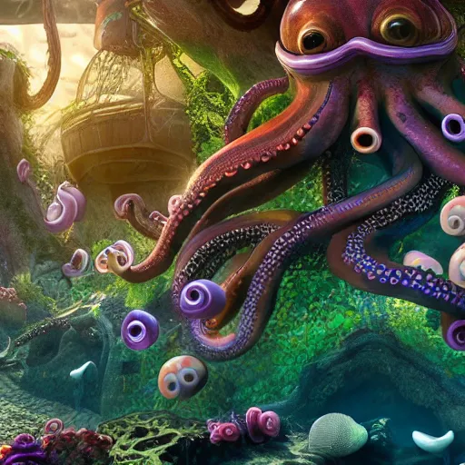 Prompt: an octopus'garden, under the sea, in the shade. trending on cgsociety, exaggerated detailed, unreal engine, 4 k wallpaper