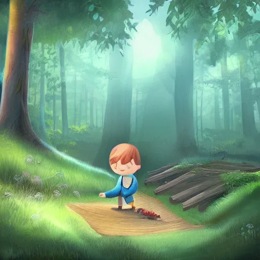 Image similar to a beautiful illustration of a sleepy little cute boy going to his bed in a beautiful forest, digital art, trending on artstation