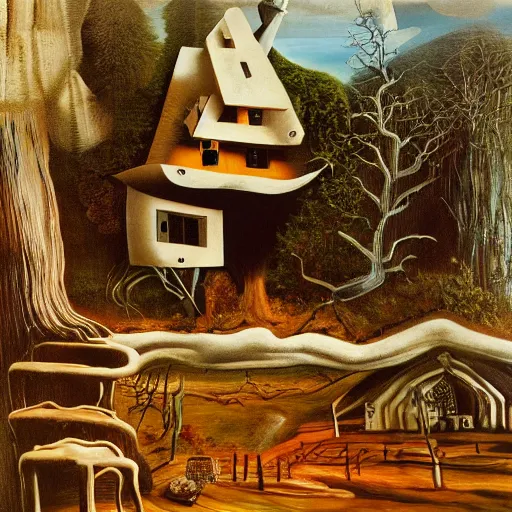 Image similar to A cabin in the woods by Salvador Dali, oil on canvas, 4k, 8k