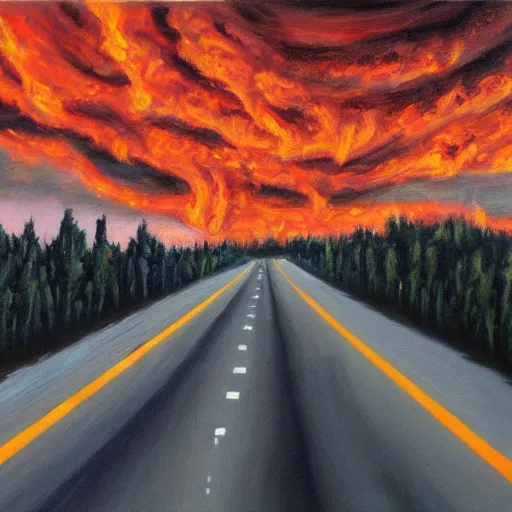 Image similar to a highway to hell, oil painting, highly detailed.