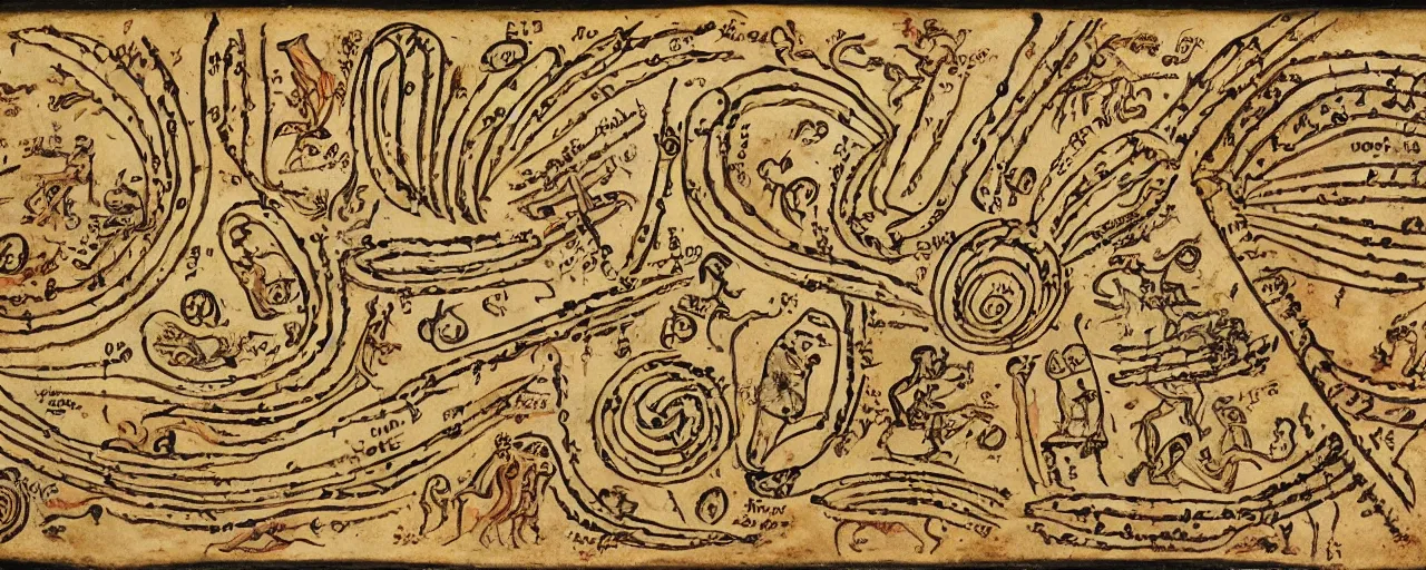 Prompt: ancient book with pictographs of spaghetti, in the style of the voynich manuscript, fine detail,