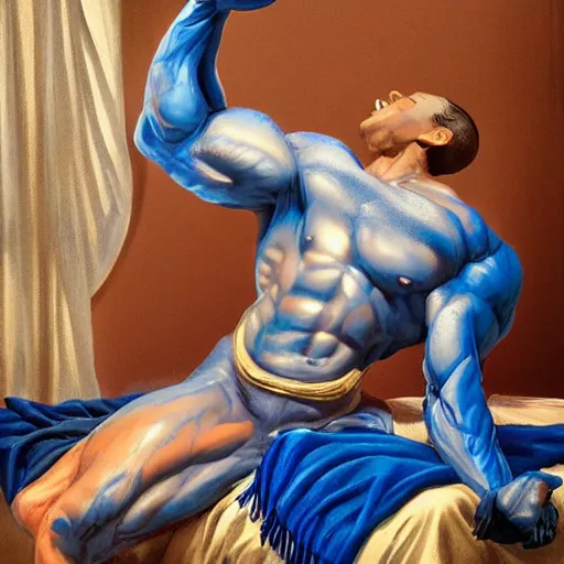 Image similar to photo shot of muscular genie with blue skin covered in oil laughing, posing in bed, morning sunlight, detailed, realistic, in style of j. c. leyendecker