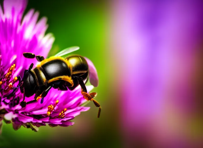 Image similar to super macro of a mechanical robotic cyborg bee drinking from a flower in the forest. fantasy magic style. highly detailed 8 k. intricate. nikon d 8 5 0 3 0 0 mm. award winning photography.