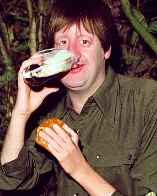 Prompt: rodney trotter drinking milk in a haunted jungle full of cheese at midnight with disco lights and dancing policeman