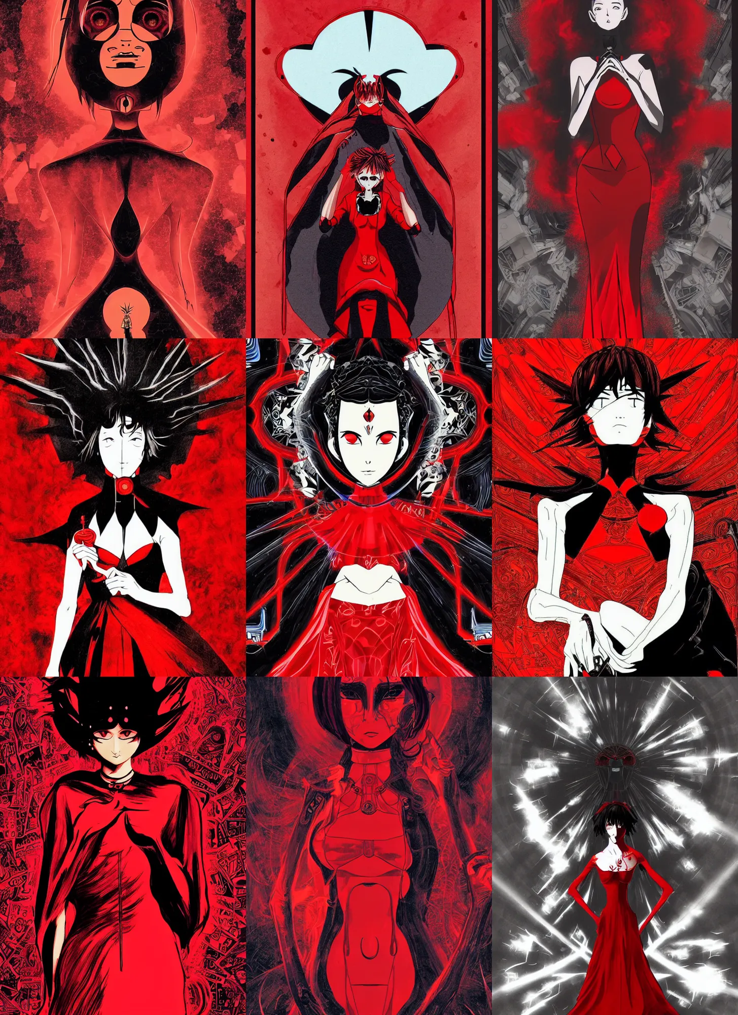 Prompt: lady in red dress, noir, dark knight, akira, evangelion, beautiful face, style of nihei tutomu, symmetric lights and smoke, psychedelic effects, de - noise, symmetrical composition, high detailed + tarot card, ornate border, 8 k