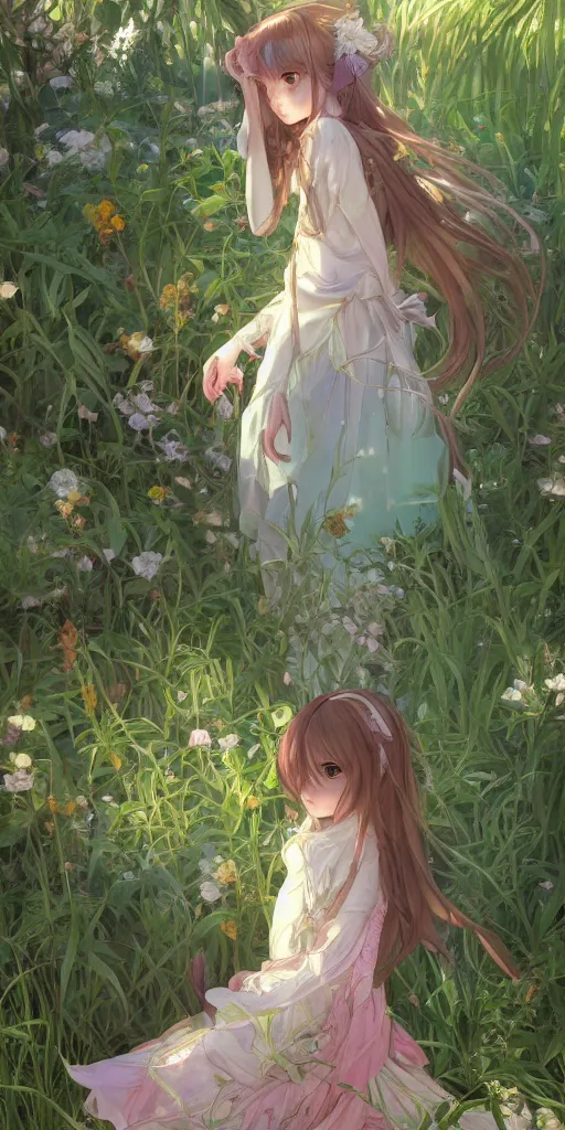 Image similar to a digital art of a loli with long hair in a dress in the privet garden at after noon, green and warm theme, back lighting, by krenz cushart and mucha and akihito yoshida and greg rutkowski and makoto shinkai, graphic design, extremely long shot, detailed eyes, 4 k resolution, trending on art station