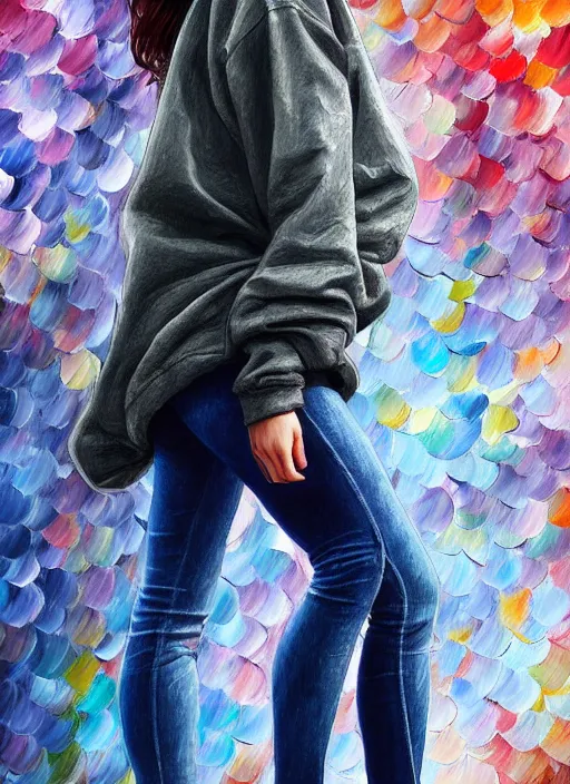 Image similar to jennifer anistan, gray hoodie, jeans, half body shot, path traced, highly detailed, high quality, digital painting, alena aenami, leonid afremov, lilia alvarado, shinji aramaki, karol bak, alphonse mucha, tom bagshaw