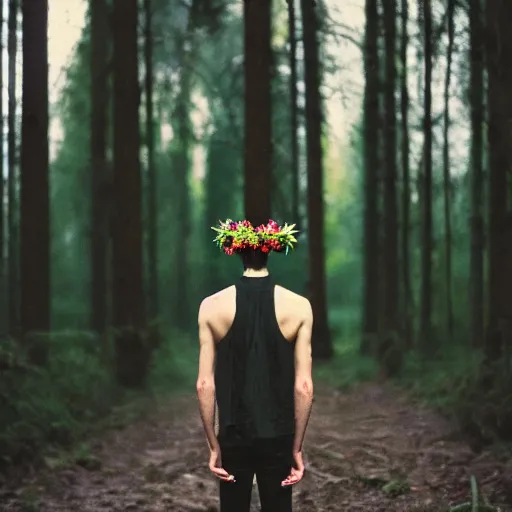 Prompt: kodak portra 4 0 0 photograph of a skinny goth guy standing in a dark forest, back view, flower crown, moody lighting, telephoto, 9 0 s vibe, blurry background, vaporwave colors, faded!,