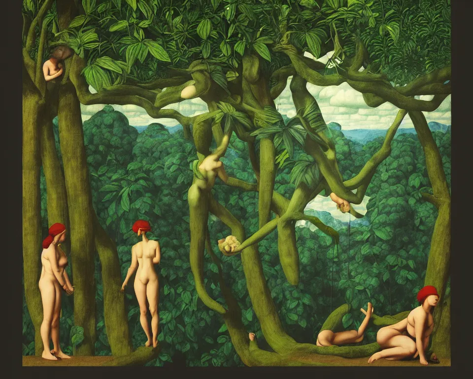 Image similar to an achingly beautiful print of blind justice in the rainforest by Raphael, Hopper, and Rene Magritte. detailed, romantic, enchanting, trending on artstation.