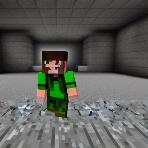 Image similar to Herobrine from Minecraft standing in a dark alley, staring at the camera, motionless. Award winning, noire, high resolution.