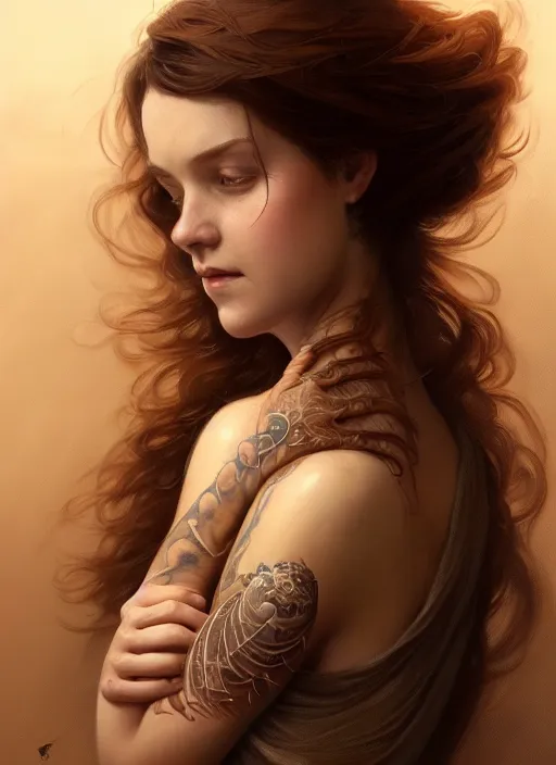 Image similar to portrait of a woman with brown hair wearing a flowing dress, holding her hands out, tattoos of insects, intricate, elegant, highly detailed, digital painting, artstation, concept art, smooth, sharp focus, illustration, art by wlop, mars ravelo and greg rutkowski