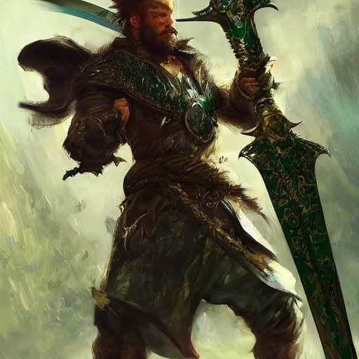 Image similar to A portrait of a fighter with short hazel hair and a beard, dual wielding two magical swords, wearing green dragon armor and a cloak made of cheetah, fantasy, digital art by Ruan Jia, Donglu Yu