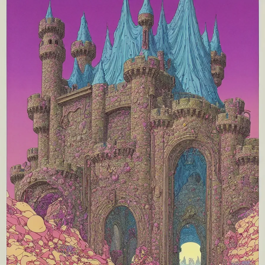 Image similar to ( ( ( ( entrance of the huge castle, with decorative frame design ) ) ) ) by mœbius!!!!!!!!!!!!!!!!!!!!!!!!!!!, overdetailed art, colorful, artistic record jacket design