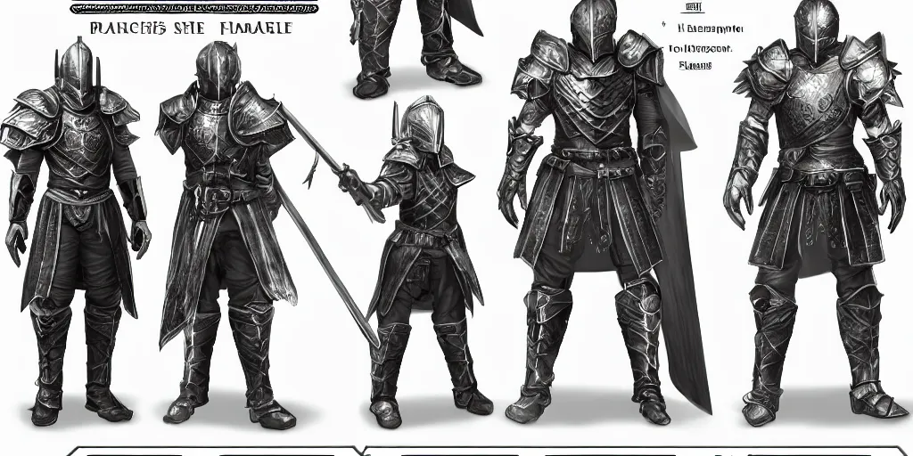 Image similar to RPG game character sheet for a character that looks like a knight, wearing armor, HDR, 4k, 8k, extremely detailed, final fantasy style, includes different angles of the character to use when they move around in the game