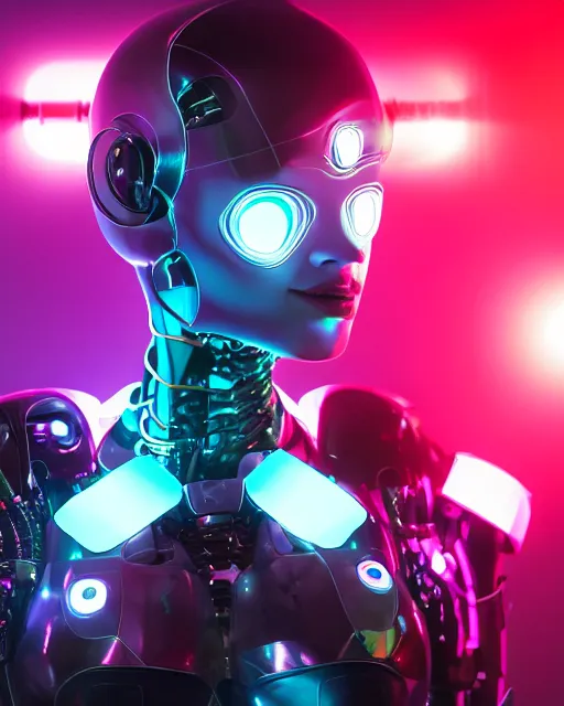 Image similar to photo of soulful female as a cyberpunk mecha humanoid robotic head and face parts with straight fluorescent lamps over face, ultra - realistic and detailed, long exposure, soft focus hdr 8 k