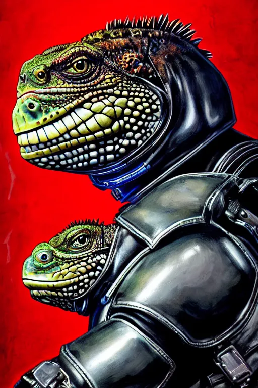 Image similar to a portrait of a muscular anthropomorphic cyberpunk iguana! in leather spacesuit armor with a large head by sandra chevrier, by jon foster, detailed render, pistol in holster, tape deck, epic composition, cybernetics, 4 k realistic, cryengine, realistic shaded lighting, sharp focus, masterpiece, by enki bilal