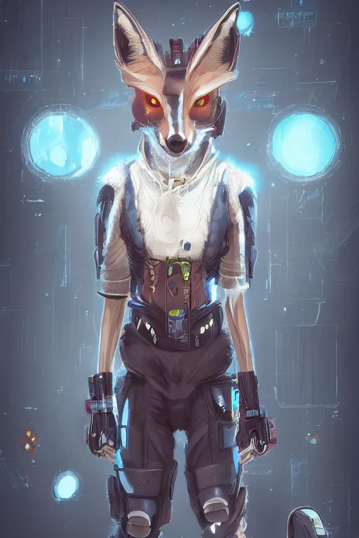 Image similar to an anthropomorphic cyberpunk fox, backlighting, trending on artstation, digital art, furry art, trending on furaffinity, fantasy art, by kawacy