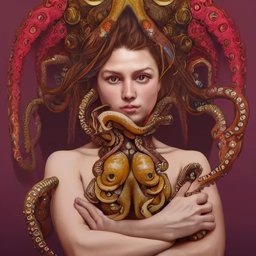 Image similar to portrait painting of octowoman, half woman, half octopus, ultra realistic, concept art, intricate details, extremely detailed, photorealistic, octane render, unreal engine. art by artgerm and dan mumford and alphonse mucha and studio ghibli, mixed media, 8 k