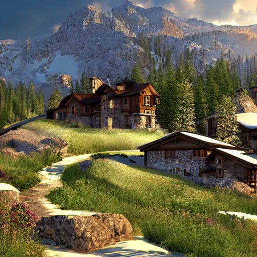 Prompt: montana alpine landscape with modern style mansions scattered on the mountainsides, photo realism, dramatic lighting, from a dream, high quality digital art, unreal engine