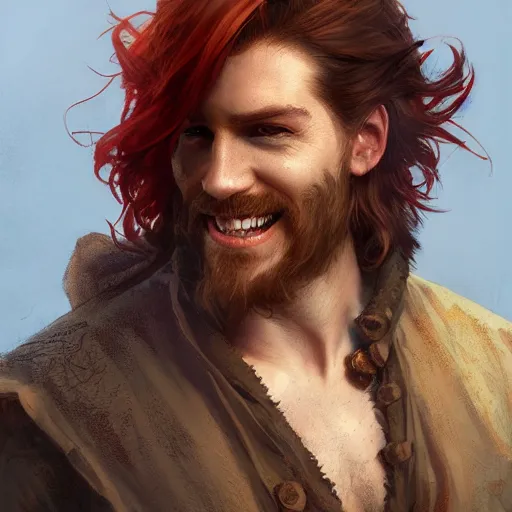 Image similar to portrait of a young rugged pirate, smiling, male, masculine, handsome, upper body, red hair, long hair, D&D, fantasy, intricate, elegant, highly detailed, digital painting, artstation, concept art, matte, sharp focus, illustration, art by Artgerm and Greg Rutkowski and Alphonse Mucha