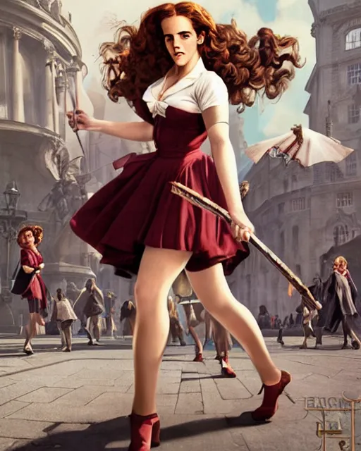 Image similar to pinup photo of hermione granger by emma watson in the crowded square of the city, by greg rutkowski, gil elvgren, enoch bolles, kezie demessance, glossy skin, pearlescent, very coherent, very detailed, harry potter film still