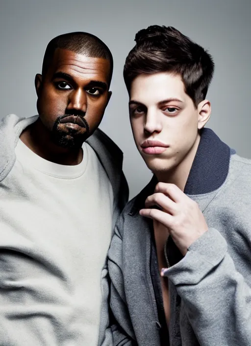 Image similar to portrait of kanye west and pete davidson, for vogue magazine, by charlotte grimm, natural light, detailed face, beautiful features, symmetrical, highly detailed, highly realistic, high resolution, canon eos c 3 0 0, ƒ 1. 8, 3 5 mm, 8 k, medium - format print, half body shot