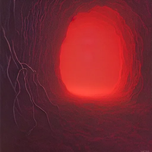 Image similar to ryan reynolds entering a chasm full of unspeakable cosmic horrors, horror, blood red, terrifying atmosphere, atmospheric, by zdzisław beksinski, 8 k