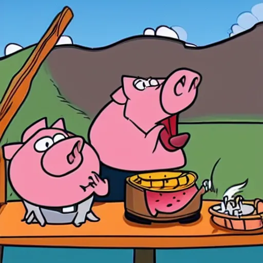 Prompt: a cartoon of a pig screaming in horror as another pig gets barbequed, funny, by Disney