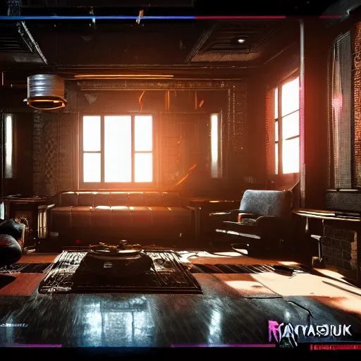 Image similar to A photograph of interior of cyberpunk mansion set in a cyberpunk utopia. Highly detailed, 8k wallpaper, HDR, concept art, unreal engine 5, 4k, 8k, ray tracing, bloom, lens flare