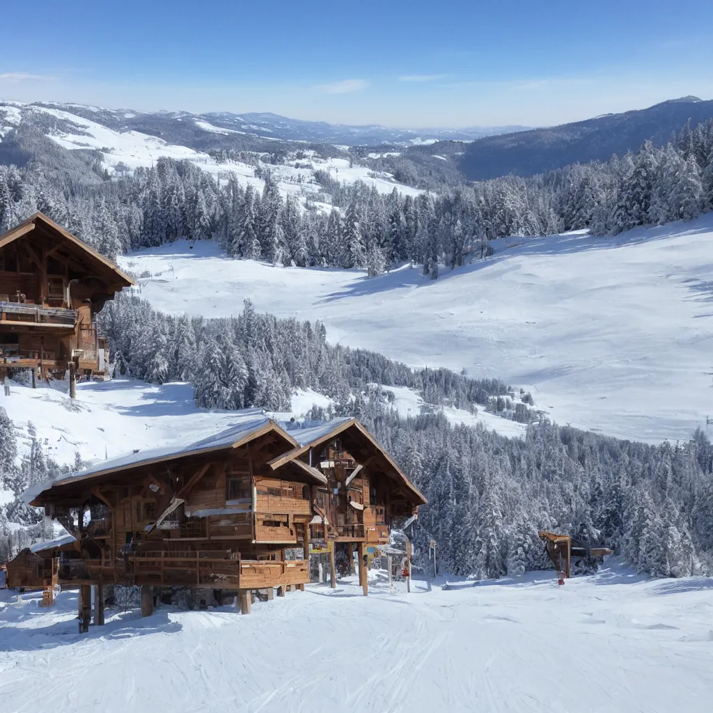 Prompt: ski station, clear weather, 8 k,