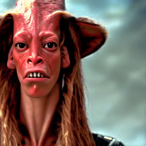 Image similar to film still of jar jar binks as a female cowgirl, long eyeslashes, big juicy lips, big seductive eyes