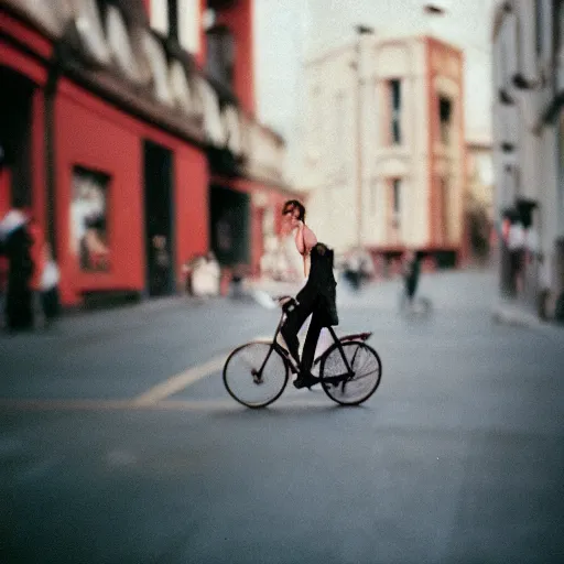 Prompt: portra 800 street photography, the subject is blurry because it's in motion