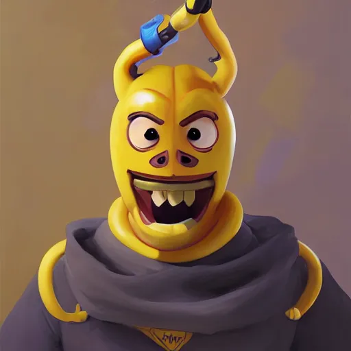 Image similar to greg manchess portrait painting of peely the humanoid banana from fortnite as overwatch character, medium shot, asymmetrical, profile picture, organic painting, sunny day, matte painting, bold shapes, hard edges, street art, trending on artstation, by huang guangjian, gil elvgren, ruan jia, greg rutkowski, gaston bussiere