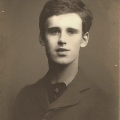 Image similar to A photo of a scottish 20 year old portrait photo infront of leaves filling the screen. Blue jacket wearing man with short hair and short facial hair. Looking directly towards camera this man with a triangular thin shape and thin nose is off center to the left of the frame.