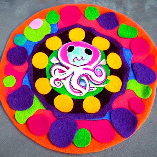 Prompt: a cute octopus in a colorful ornate felt mandala with fine details