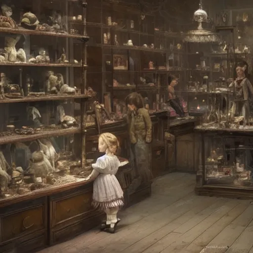 Image similar to human child standing in a victorian doll maker's shop looking at all of the dolls, high detail, digital art, painted by greg rutkowski, painted by seb mckinnon, trending on artstation